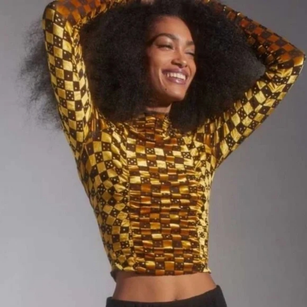 Urban Outfitters | Velvet Ruched Dice Top Gold Black XL